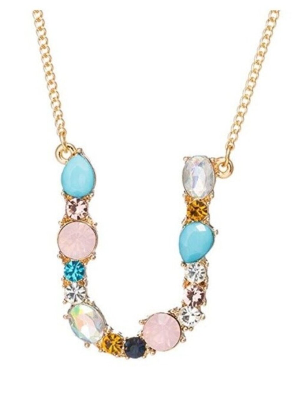 Large Initial Letter "U" Name Multi Color Rhinestone Gold Tone Necklace